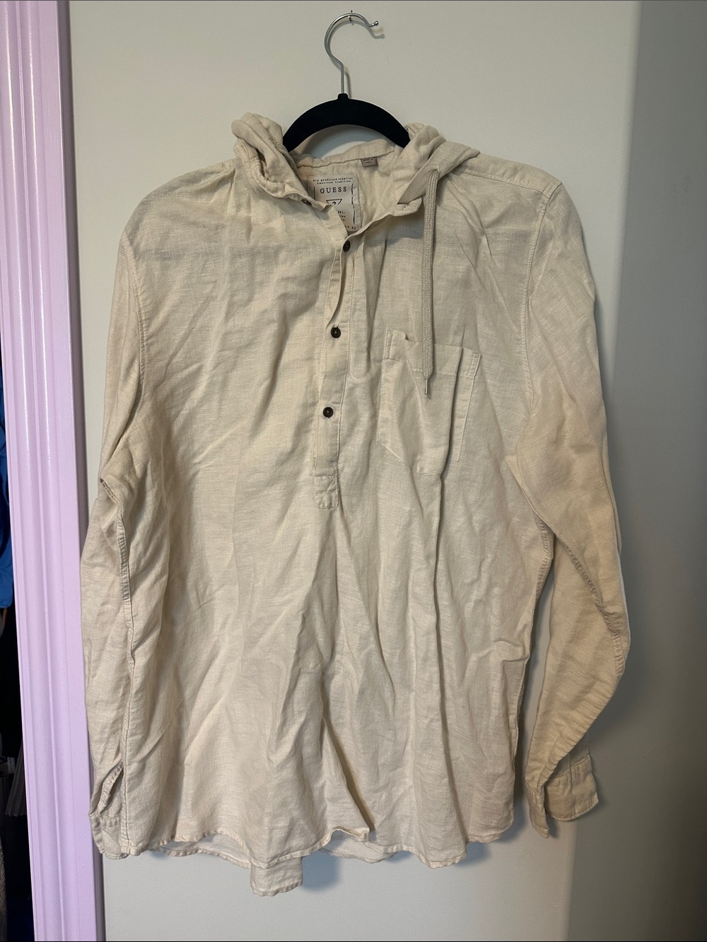 Guess Cream Lightweight Hooded Henley Shirt